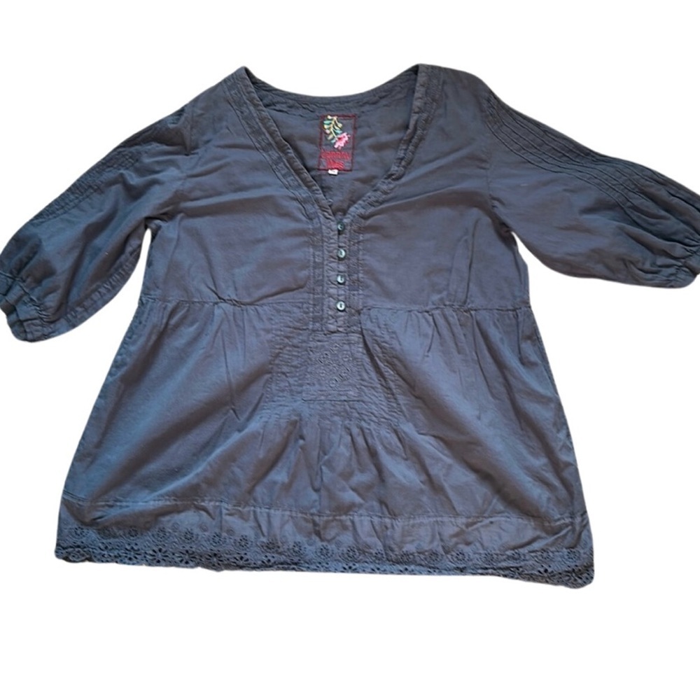 Johnny Was Boho Cottagecore Whimsigoth Navy Babydoll Lace Flowy Blouse SzXL‎
